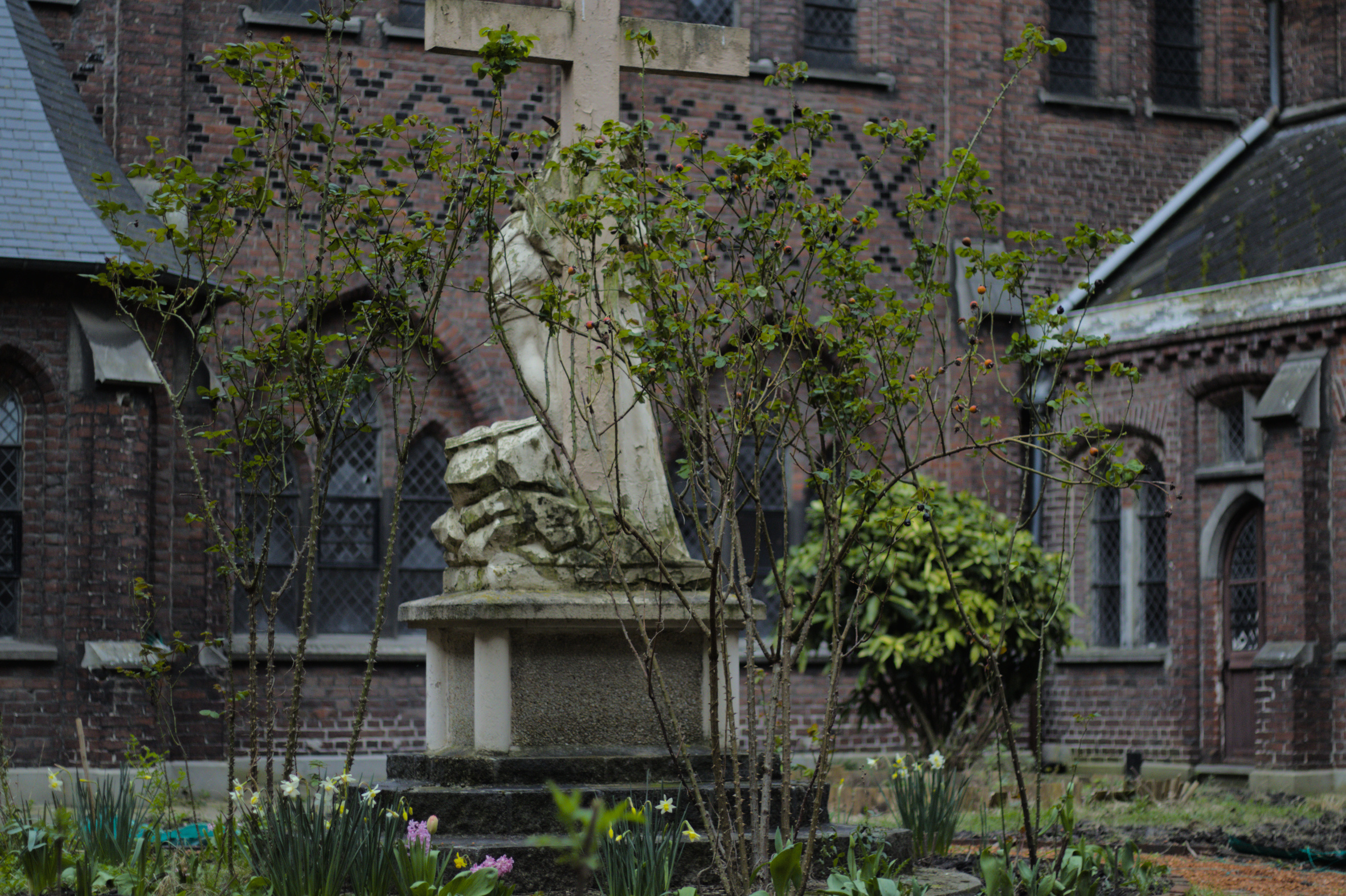 Photographie de la cour du monastère des Clarisses à Roubaix. Le bâtiment est en arrière plan, des arbustes sont au premier, et au deuxième, une croix.
